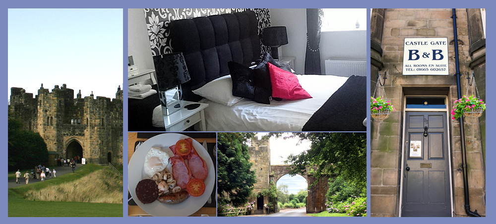 Pictures of the guest house together with scenes 
from Alnwick, including the castle and The Alnwick Garden